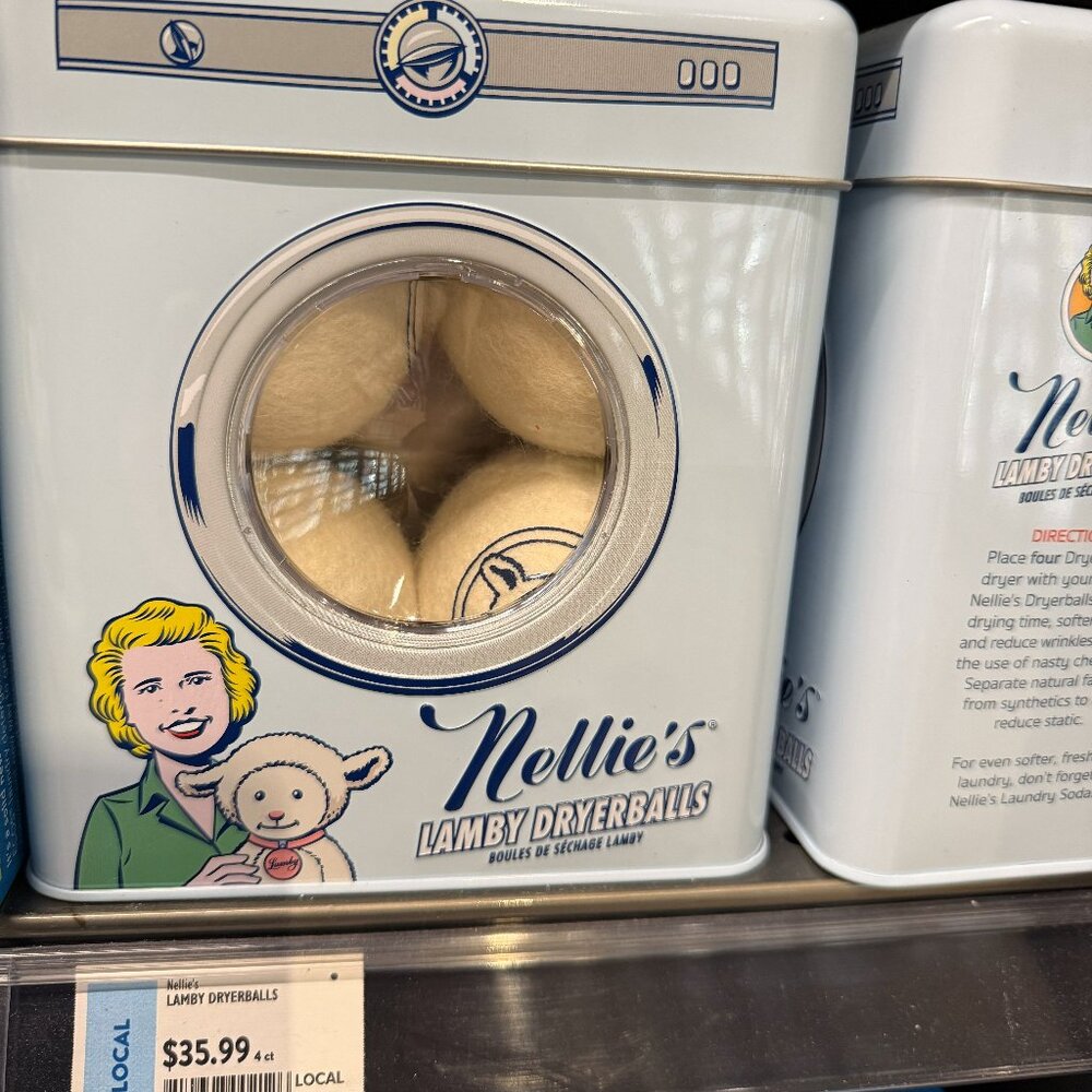 New NWT Nellie's Lamby Dryerballs Laundry Clothing Care Set of 4, Includes Tin
